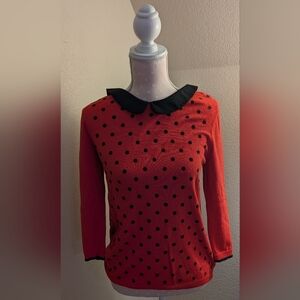 Red Polka Dot Sweater with Black Collar